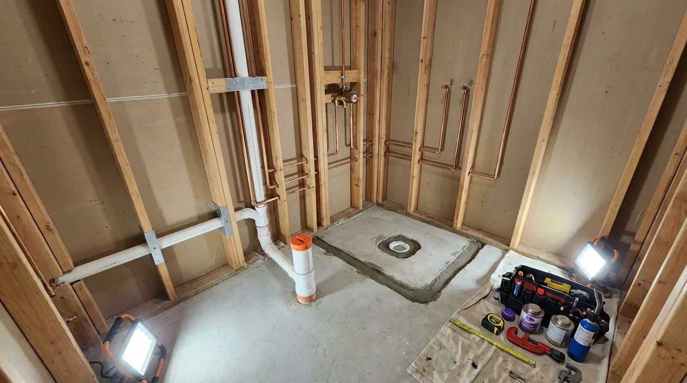Bathroom rough-in plumbing during remodel by Johns Plumbing LLC in Fort Thomas
