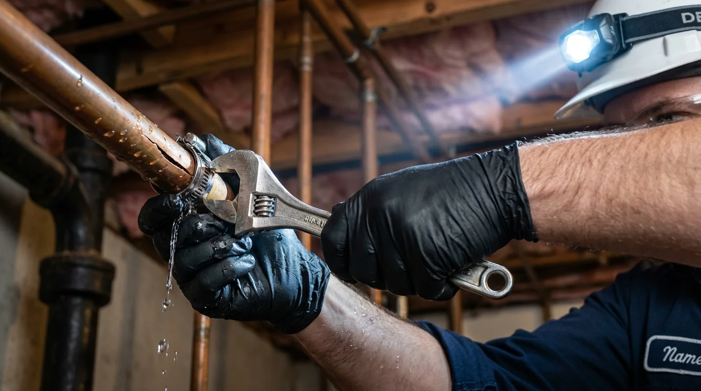 Emergency pipe clamp repair being performed by a Johns Plumbing LLC plumber in Fort Thomas