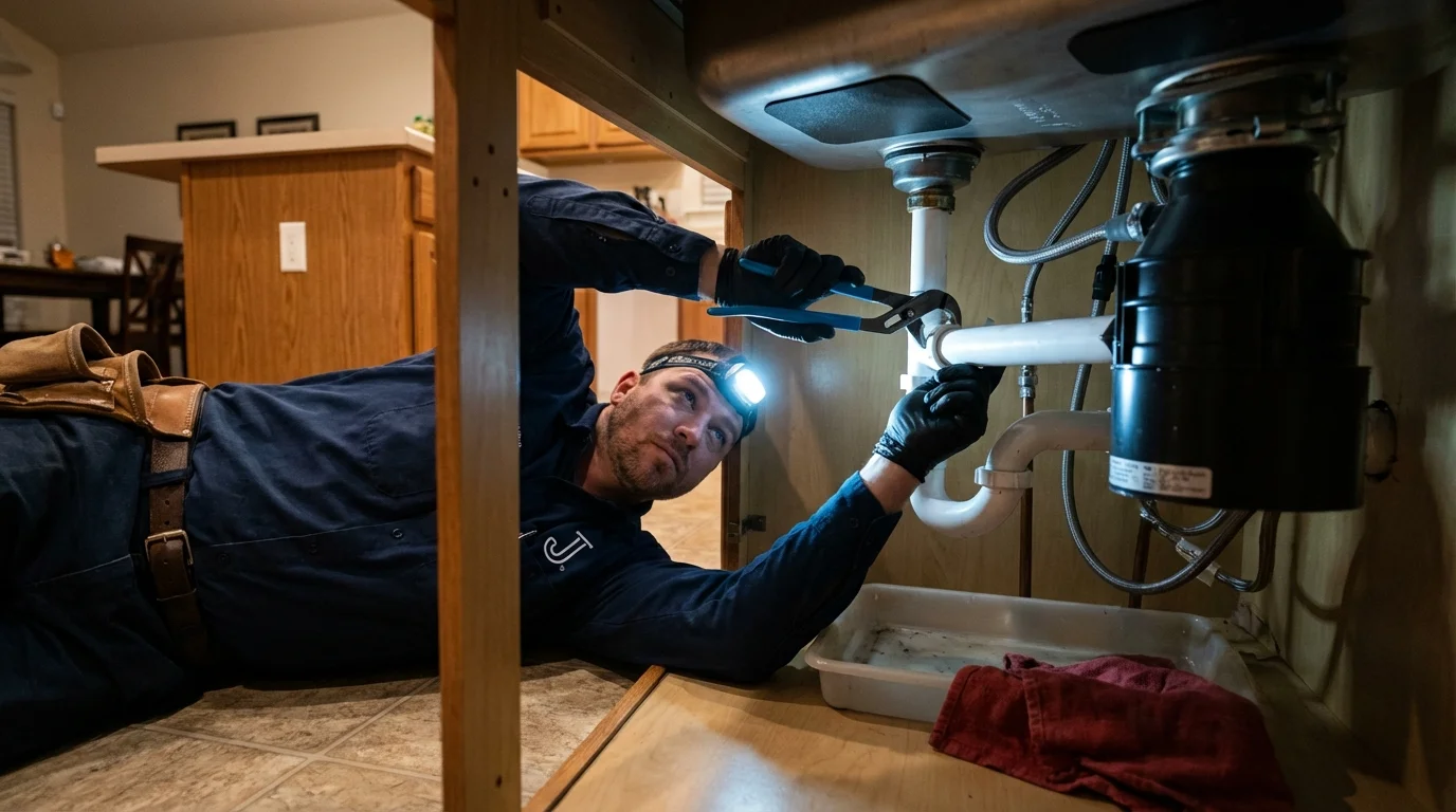 P-trap and supply line connections under a kitchen sink showing a common leak point in Fort Thomas, KY